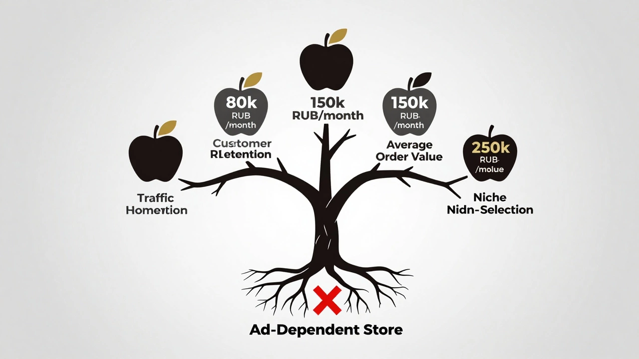 Дерево успеха интернет-магазина: корни — ключевые факторы, плоды — доходы, сухое дерево с крестом — зависимость от рекламы.