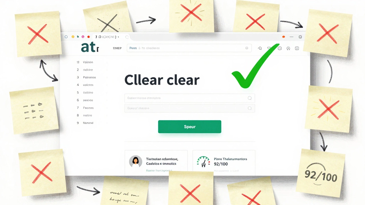 Illustration of website optimization process: cluttered design with red crosses vs. simplified version with green checkmark.