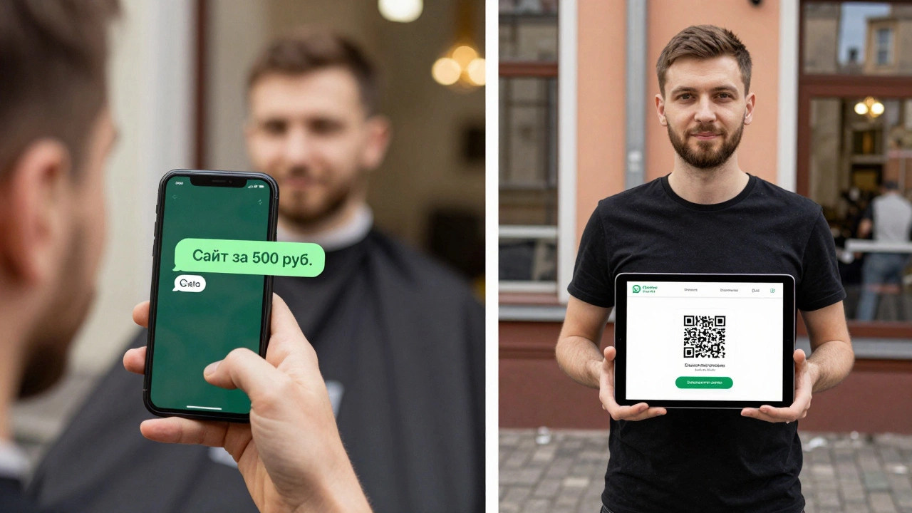 Парикмахер из Калининграда смотрит на свой новый сайт на планшете с благодарной улыбкой