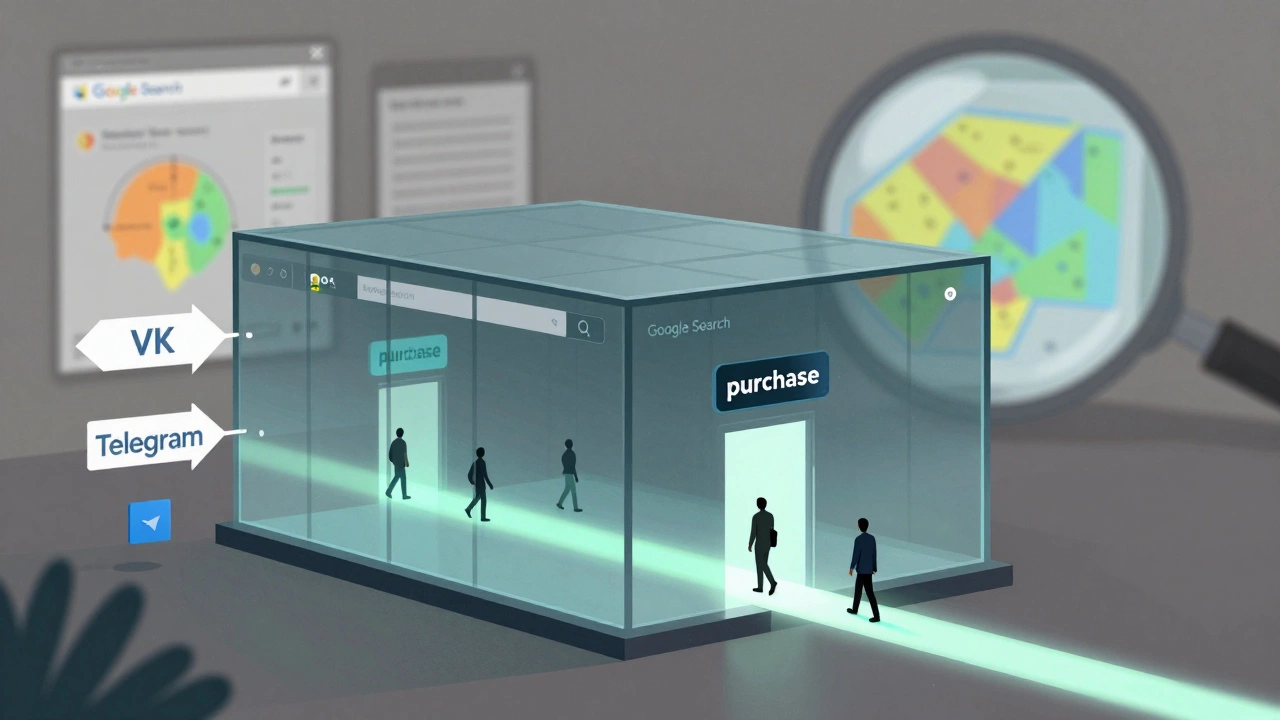 Прозрачное здание сайта с путями посетителей, ведущими к покупкам или выходам, под наблюдением увеличительного стекла.