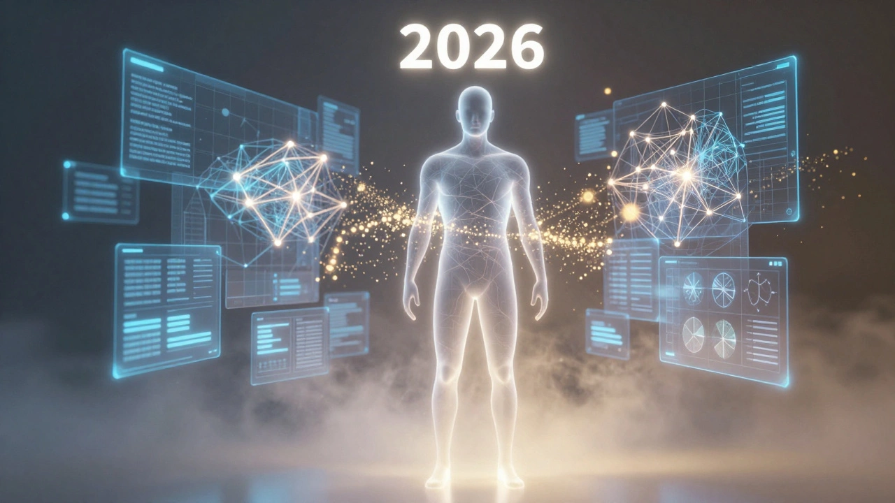 Силуэт человека среди голограмм данных и сетей, символизирующий ИИ в дизайне