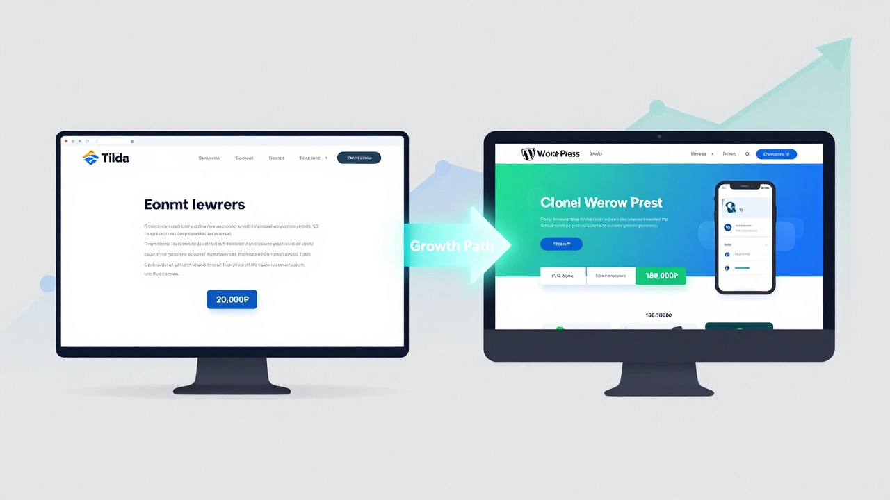 Сравнение шаблонного сайта и кастомного веб-сайта: слева — ограниченный Tilda, справа — гибкий WordPress с интеграциями и ростом бизнеса.