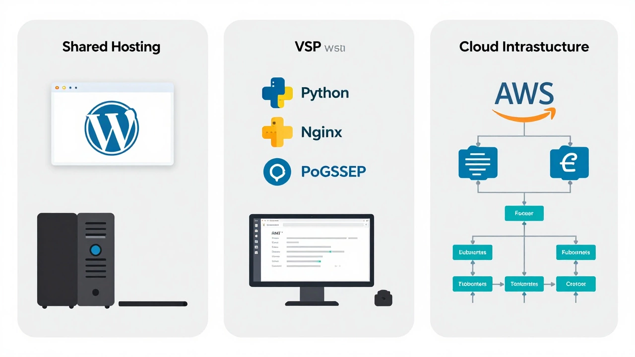 Три варианта серверных сред: общий хостинг с PHP, VPS с Linux и облачная инфраструктура с Docker.
