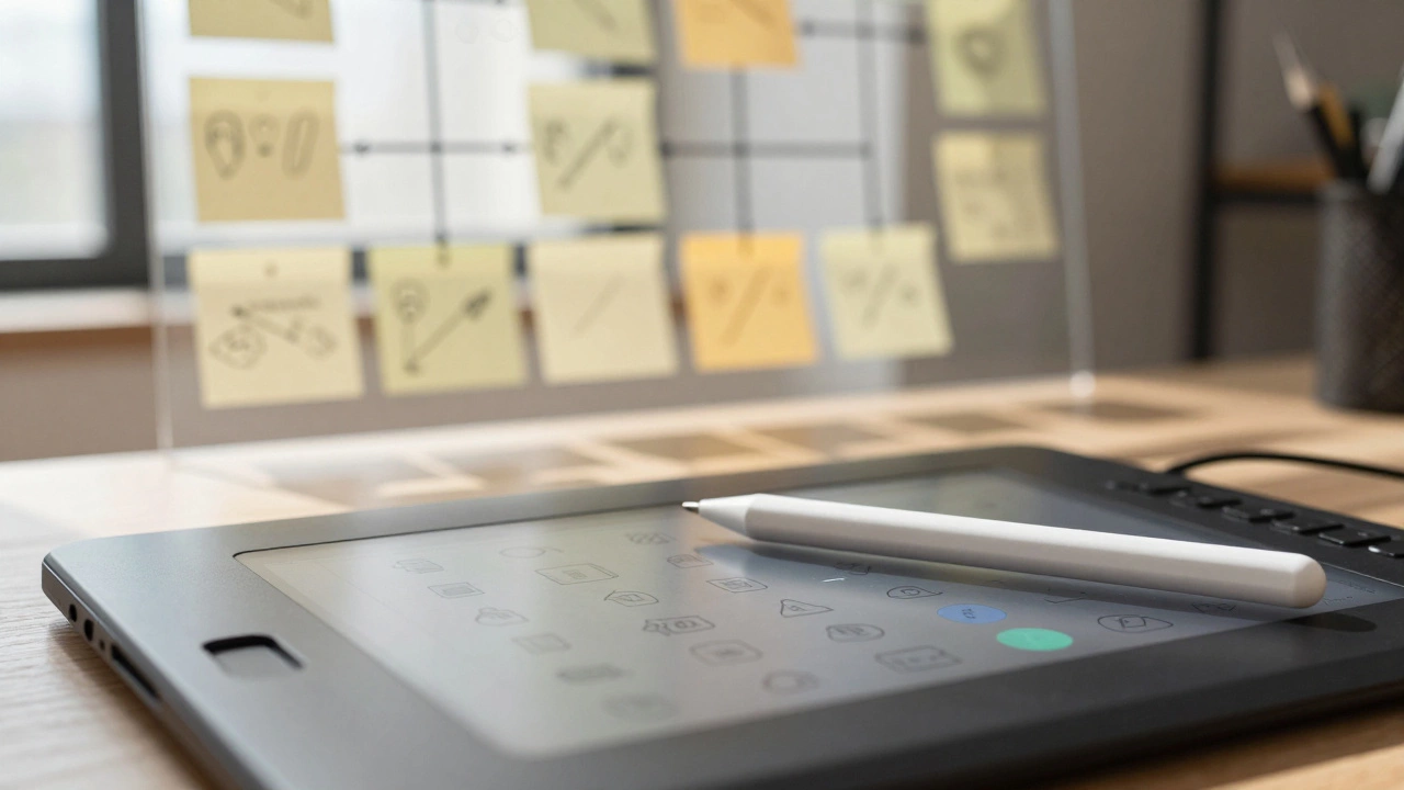 Вид сверху: стилус на планшете и стикеры с дорожной картой пользователя