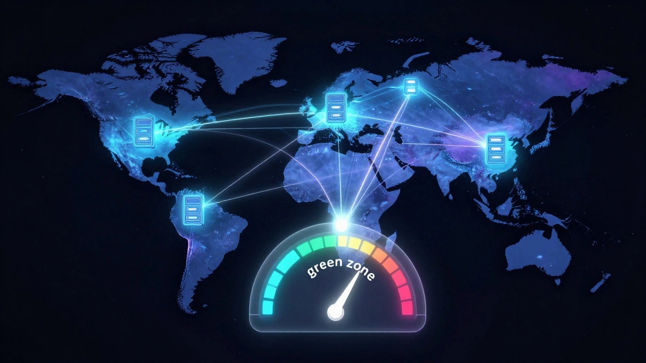 Абстрактная сеть серверов CDN над картой мира с индикатором высокой скорости загрузки