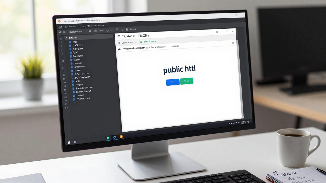 Экран монитора с открытым FTP-клиентом для загрузки файлов сайта