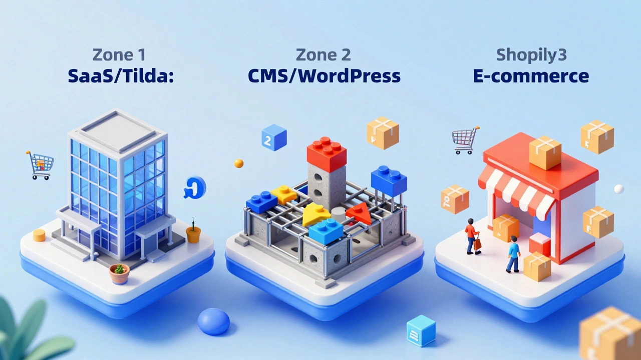 Изометрическая иллюстрация типов платформ: SaaS, CMS и интернет-магазин