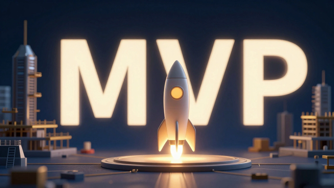 Концепция MVP: маленькая готовая ракета на фоне строящегося цифрового города