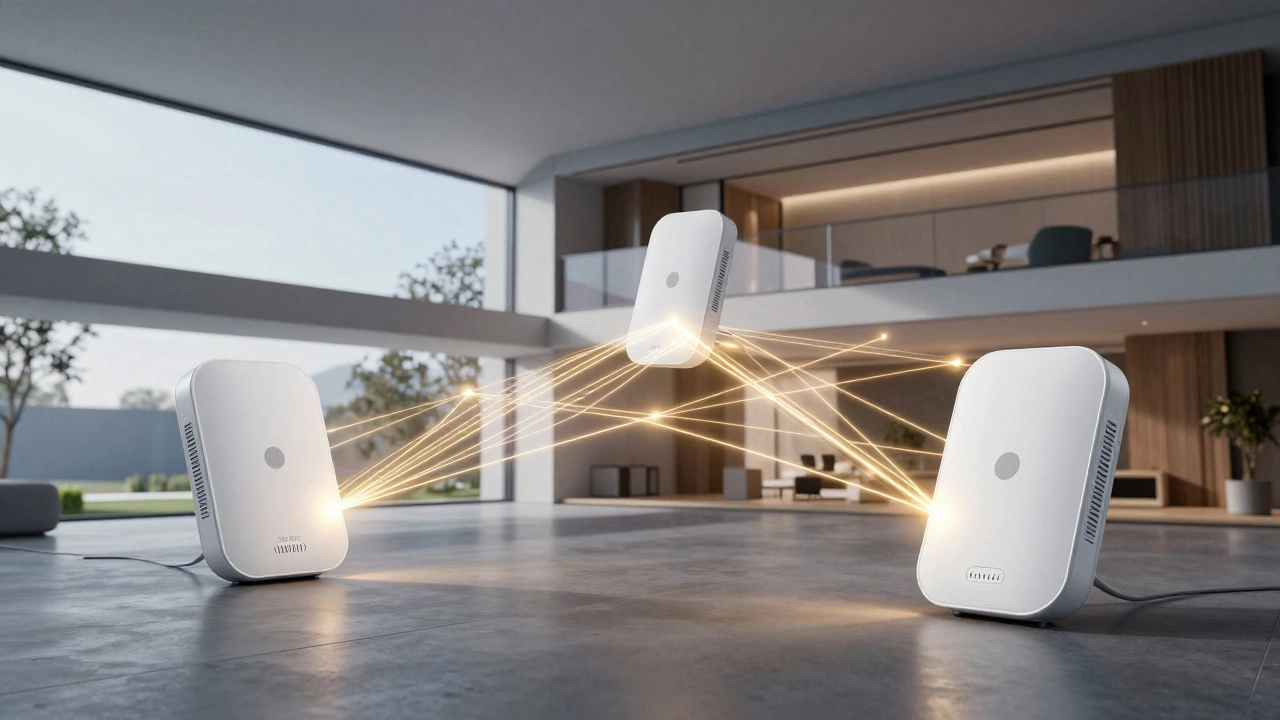 Схема работы Mesh-системы с несколькими модулями, создающими единую сеть