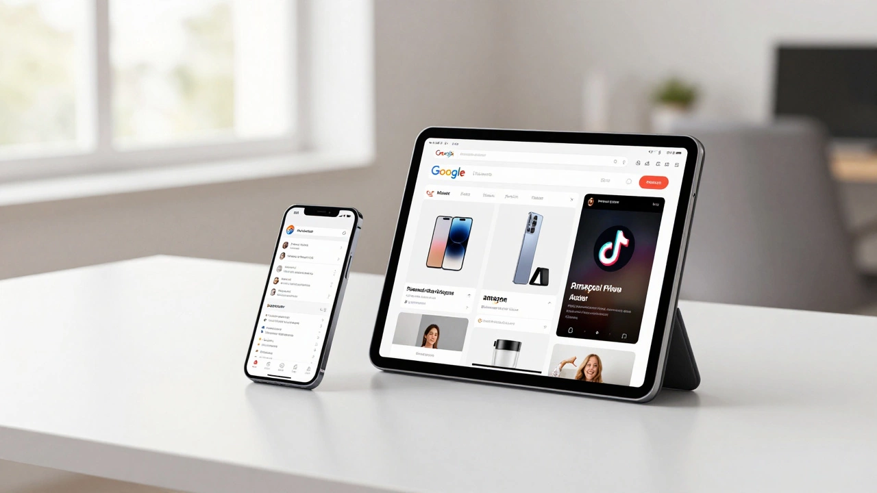 Смартфон и планшет на столе, демонстрирующие интерфейсы Google, Amazon и TikTok