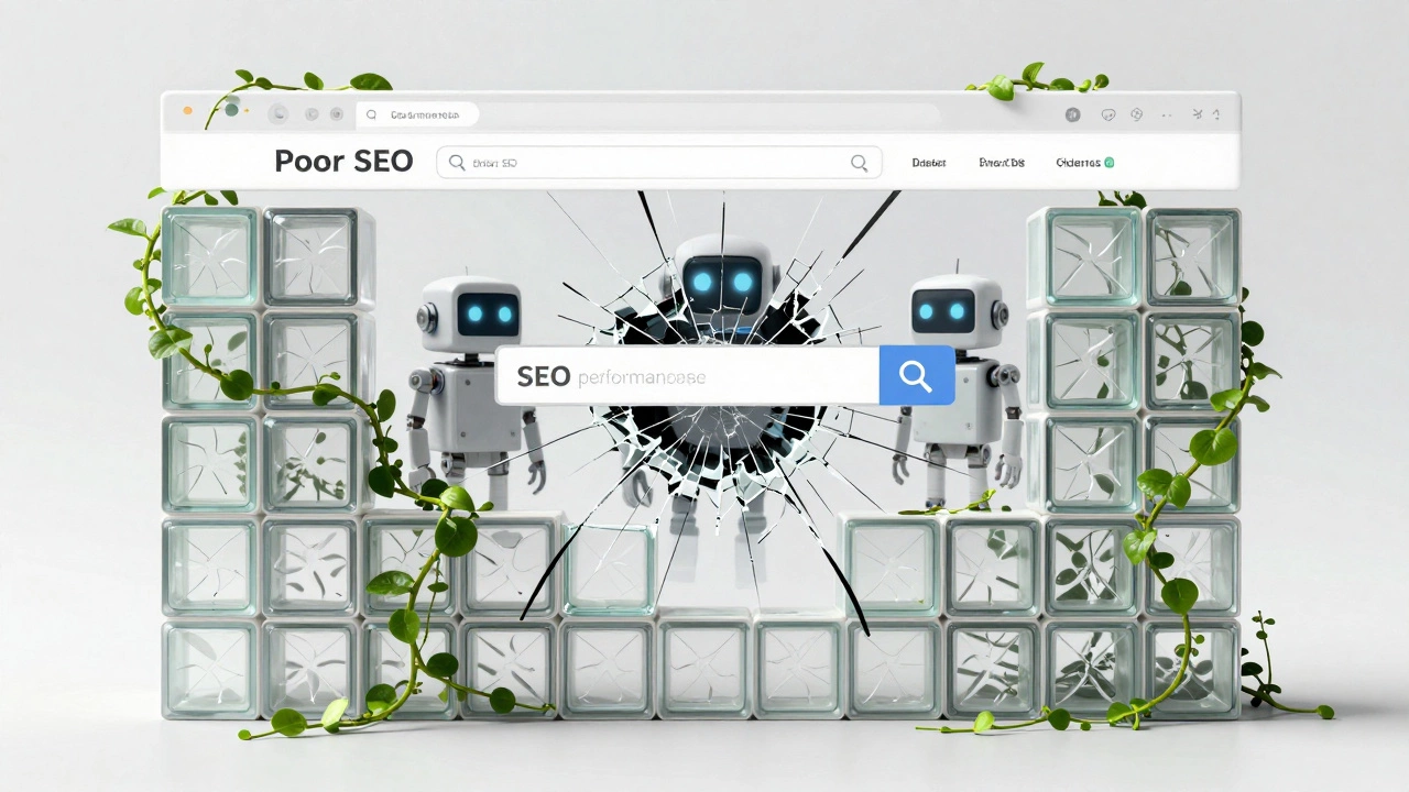 Хрупкая структура сайта с трещинами, символизирующая проблемы с SEO