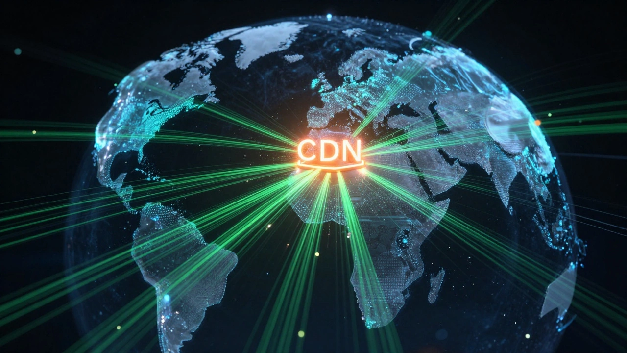 Визуализация глобальной сети доставки контента (CDN) с быстрыми потоками данных