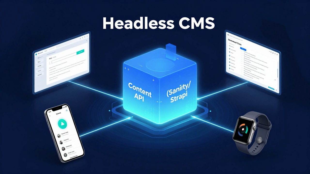 Иллюстрация архитектуры Headless CMS с подключением устройств