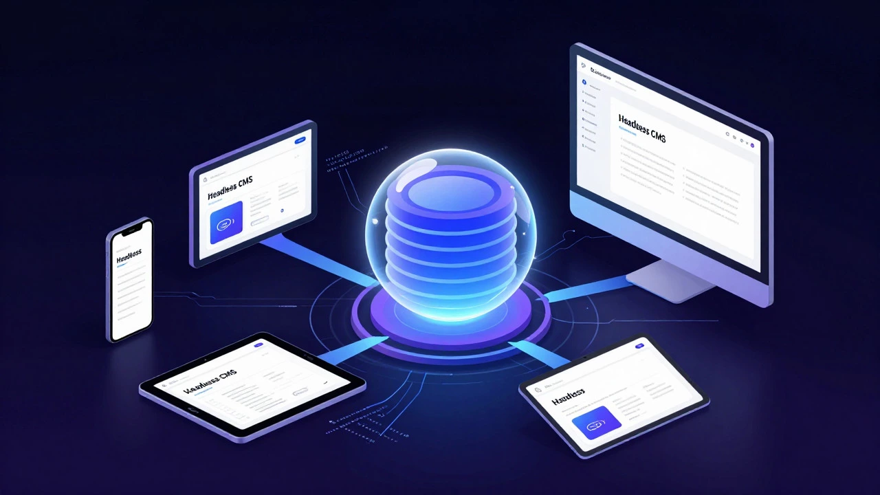 Концептуальная иллюстрация headless CMS, связывающая контент с разными устройствами
