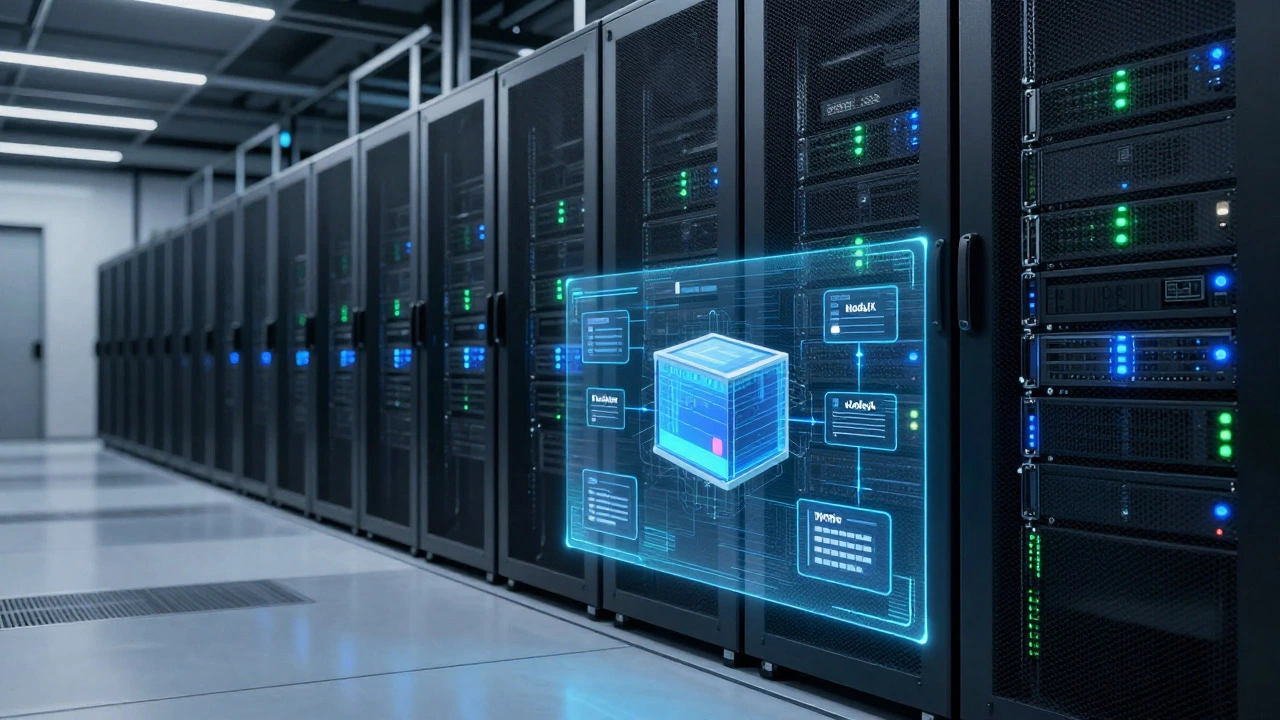 Серверная комната с голограммами контейнеров Docker
